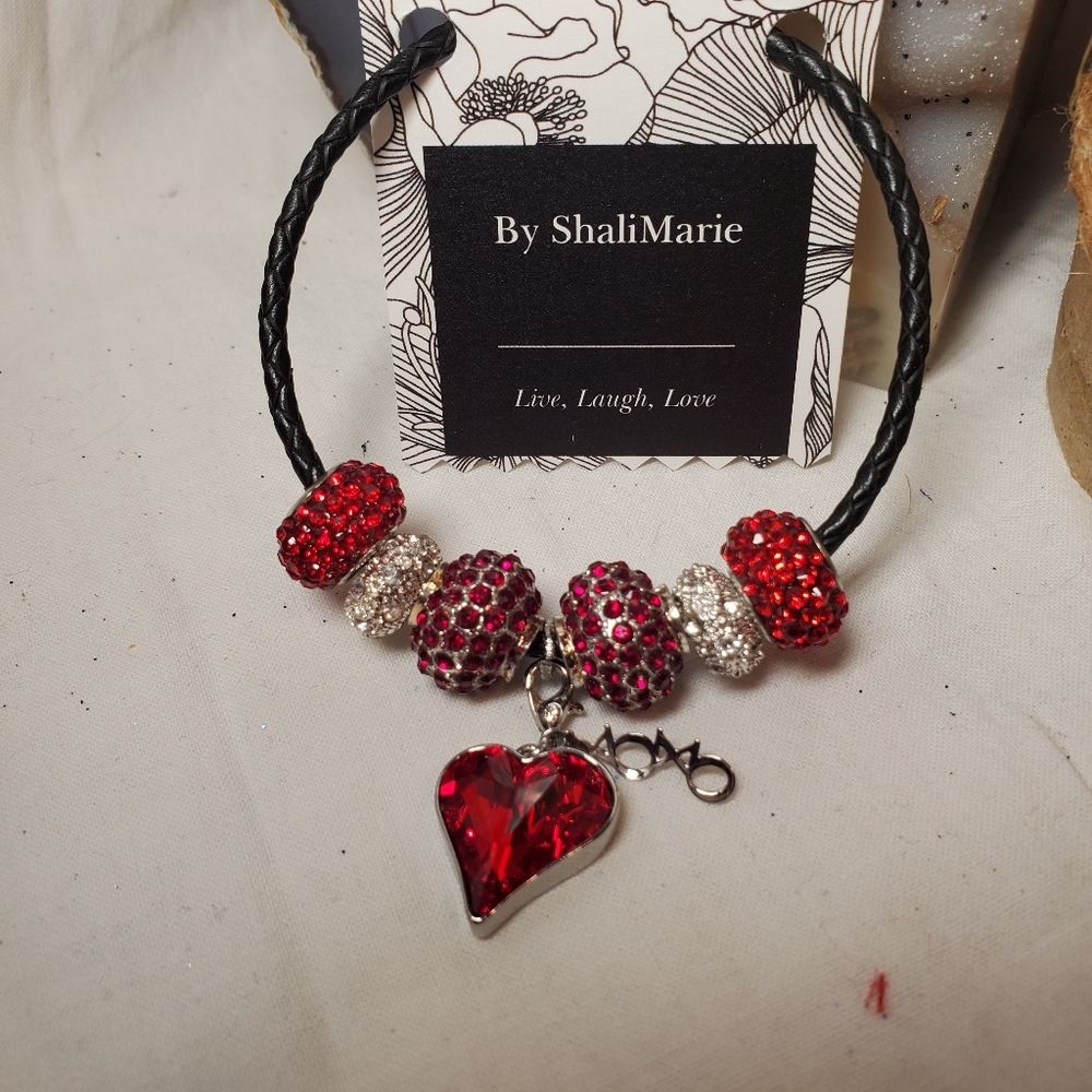 Swarovski red Crystals black leather bracelet